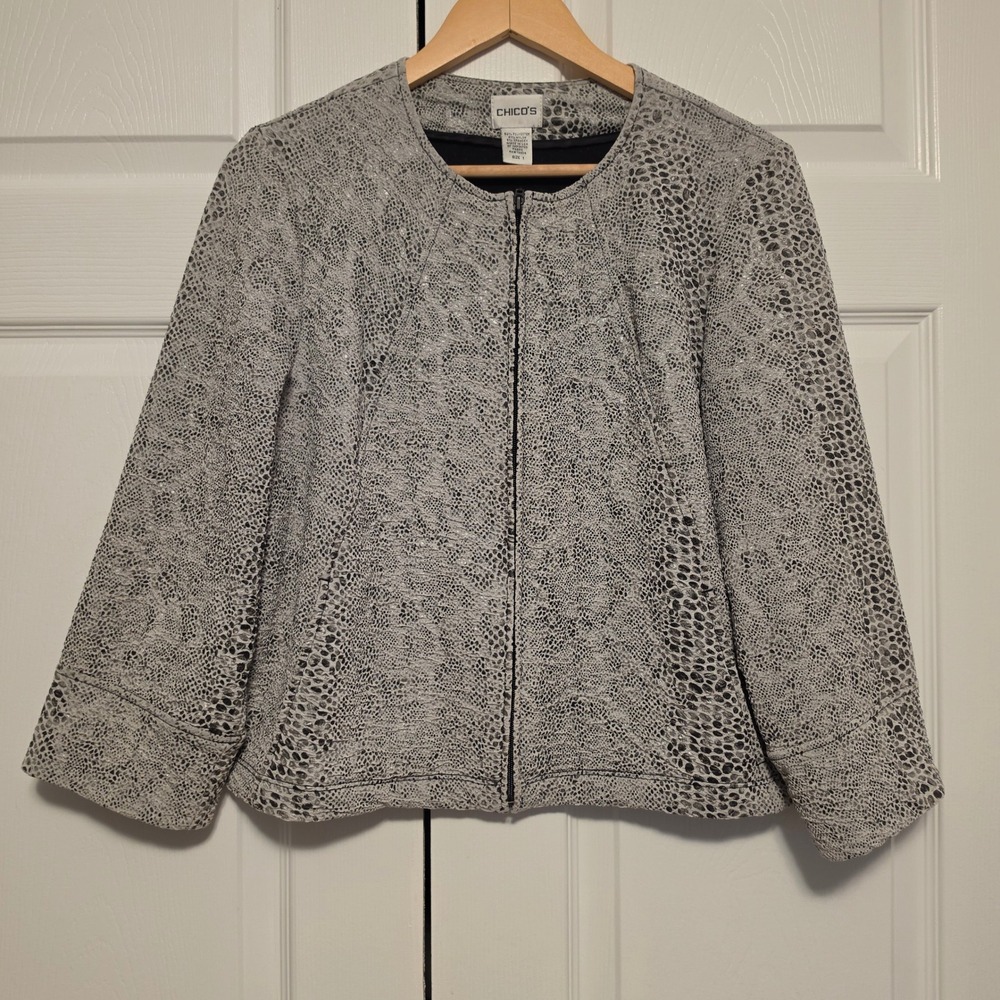 Chico's Snakeskin Animal Print Zip Front Jacket Grey Size 1 Small/Medium